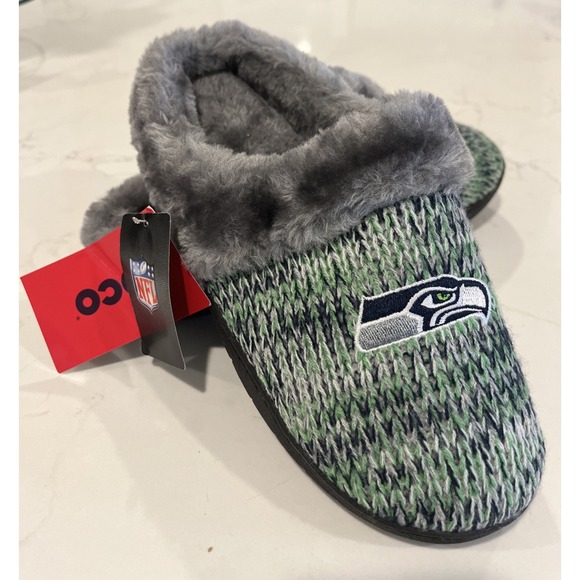 NEW Seattle Seahawks FOCO Fuzzy Slippers Slides Sequins Faux Fur Womens M (7-8) - Picture 1 of 6